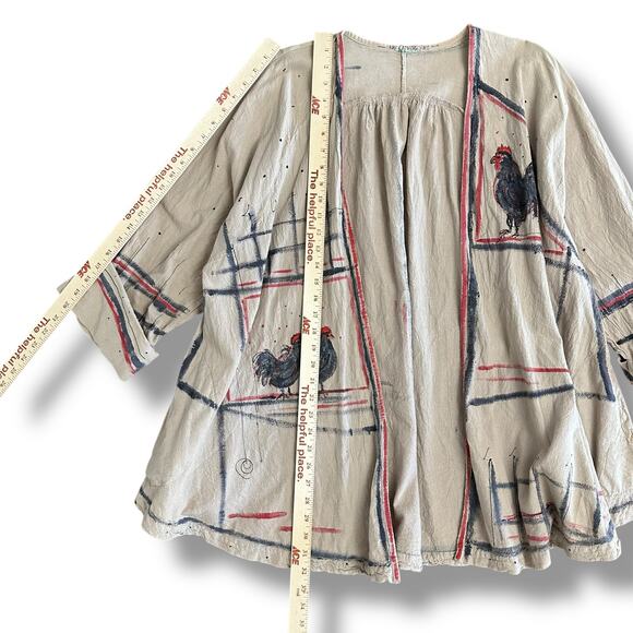 Handmade Kay Campbell Art-to-Wear Linen Jacket OOAK Rooster Size Free/L Fit - Picture 4 of 8